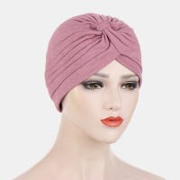 Women Knotted Beanie Hat Polyester Solid Color Striped Pleated Breathable Casual Turban Hat