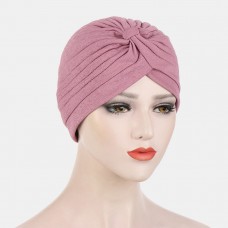 Women Knotted Beanie Hat Polyester Solid Color Striped Pleated Breathable Casual Turban Hat