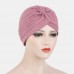 Women Knotted Beanie Hat Polyester Solid Color Striped Pleated Breathable Casual Turban Hat