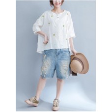 Unique embroidery cotton tunic top white Art tops summer