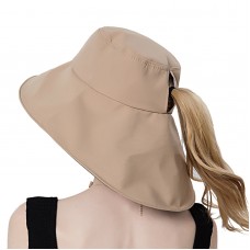 Women Polyester Cloth Casual Outdoor Back Brim Extended Ponytail Foldable Sunshade Bucket Hats