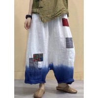 Elegant White Pockets Patchwork Elastic Waist Gradient Color Linen Pants Summer