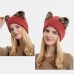 Women Knitted Hat Leopard Print Cat Ear Decoration Stretch Warmth Brimless Beanie Hat