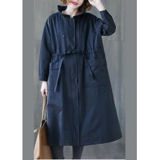 2019 Plus Size Fall Navy Ruffled Drawstring Zippered Coats