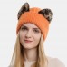 Women Knitted Hat Leopard Print Cat Ear Decoration Stretch Warmth Brimless Beanie Hat