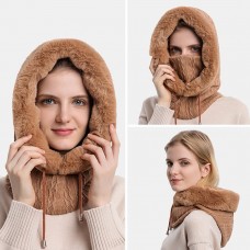 Women Outdoor Riding Hood Plush Warm Neck Protection Ear Protection Bib One  piece Cold  proof Headgear