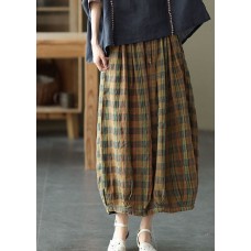 Yellow Plaid Print Cotton wide leg Pants drawstring Spring