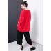 Handmade red cotton blouses for women Boho Irregular Design Pleated Solid Color T-Shirt