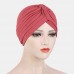 Women Knotted Beanie Hat Polyester Solid Color Striped Pleated Breathable Casual Turban Hat