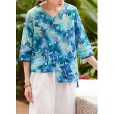 Women v neck half sleeve linen clothes For Women Shape blue prints shirt summer