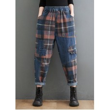 Style Blue Plaid Pockets elastic waist Patchwork Denim Pants Spring